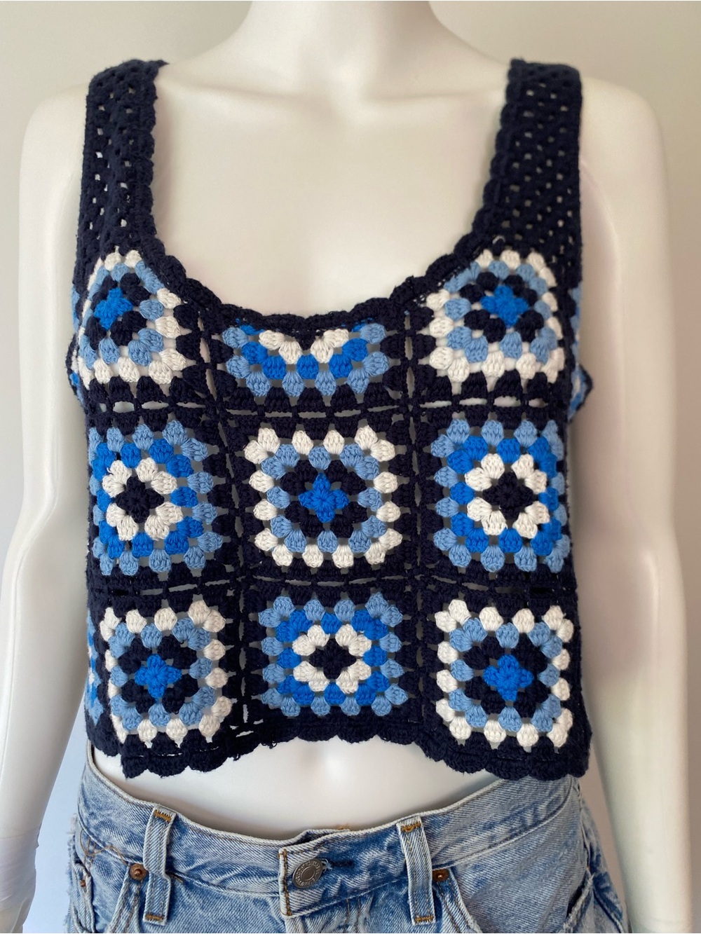 Sincerely Jules Crocheted Tank Top in Navy, Royal Blue & White
